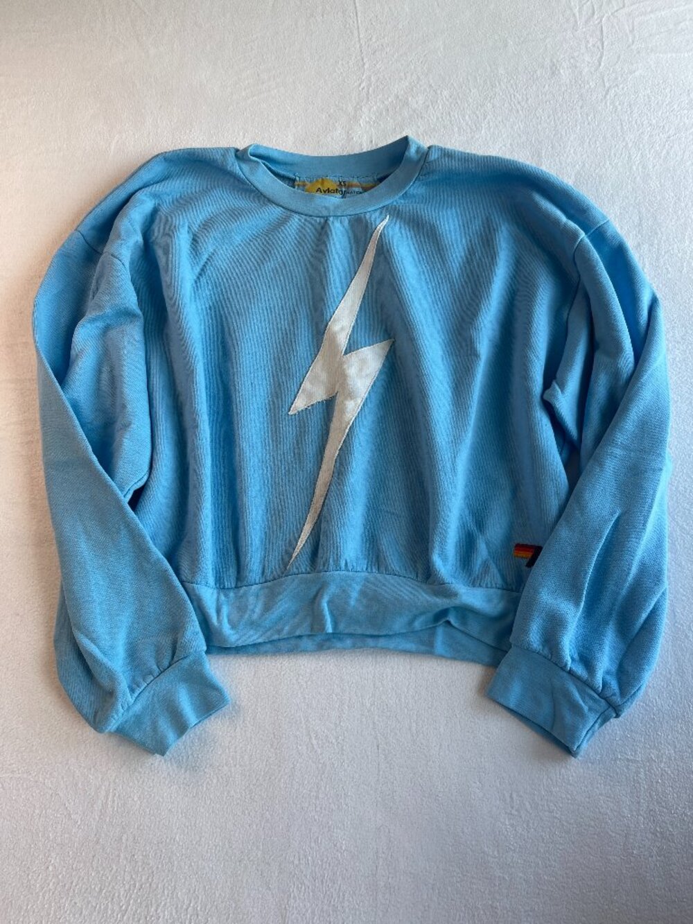 Aviator Nation Bolt Cropped Crew Sweatshirt Sky Blue Lightning Bolt Womens XS